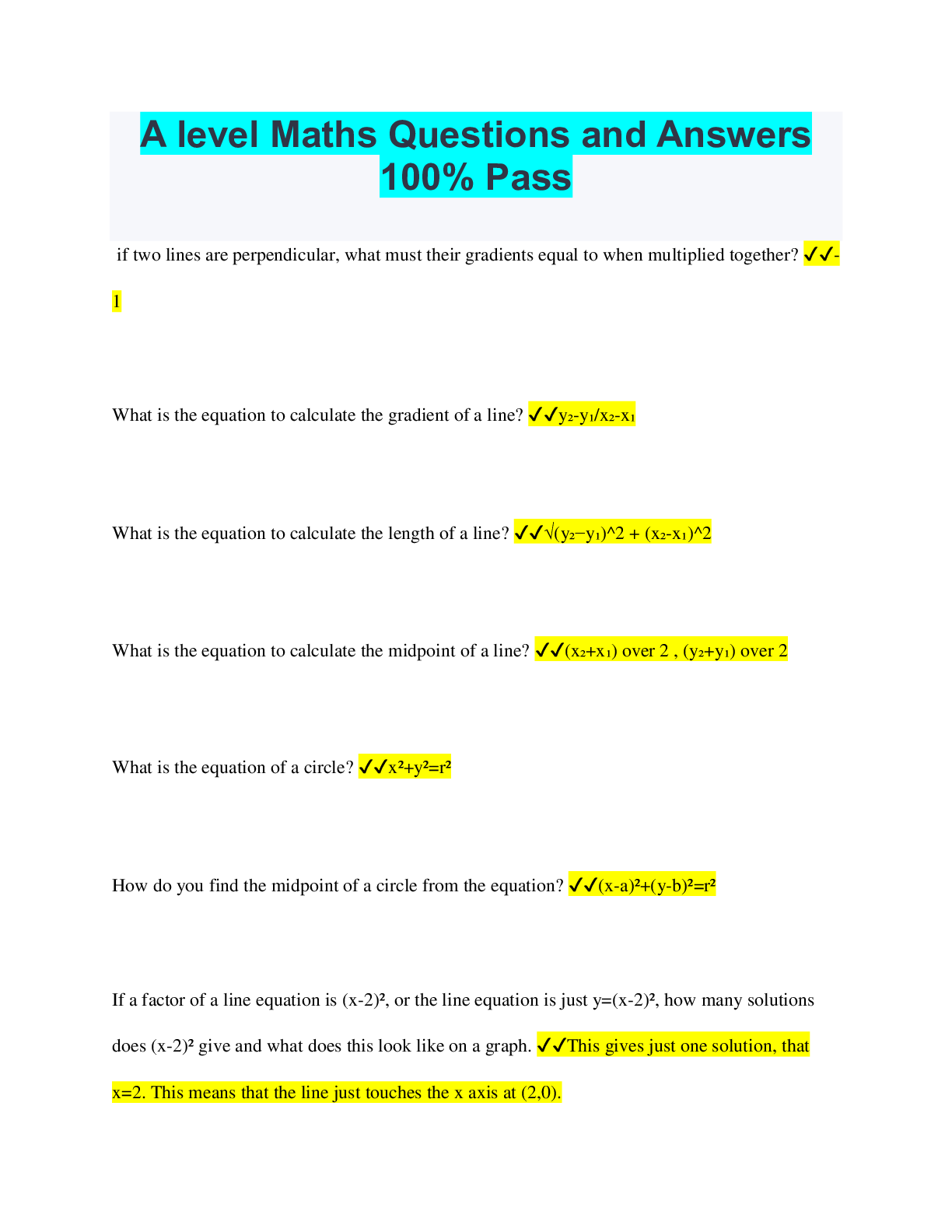 Preview image of A level Maths Questions and Answers 100% Pass document